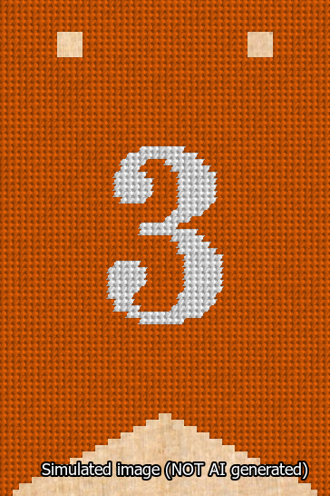 A simulated image of the stitched needlepoint design: Banner 13m Forked 3 White on Orange. Not A.I. generated.