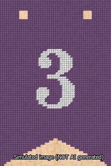 A simulated image of the stitched needlepoint design: Banner 13m Forked 3 White on Purple. Not A.I. generated.