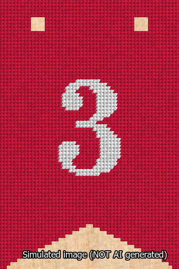 A simulated image of the stitched needlepoint design: Banner 13m Forked 3 White on Red. Not A.I. generated.