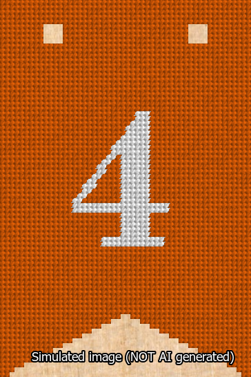 A simulated image of the stitched needlepoint design: Banner 13m Forked 4 White on Orange. Not A.I. generated.