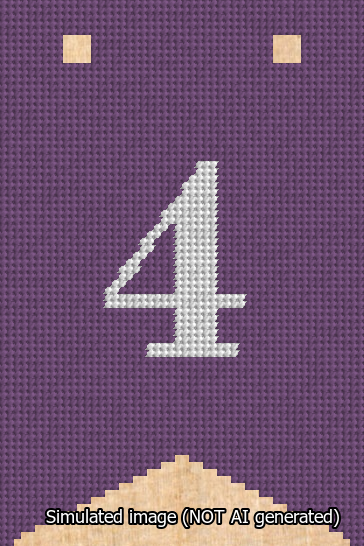 A simulated image of the stitched needlepoint design: Banner 13m Forked 4 White on Purple. Not A.I. generated.