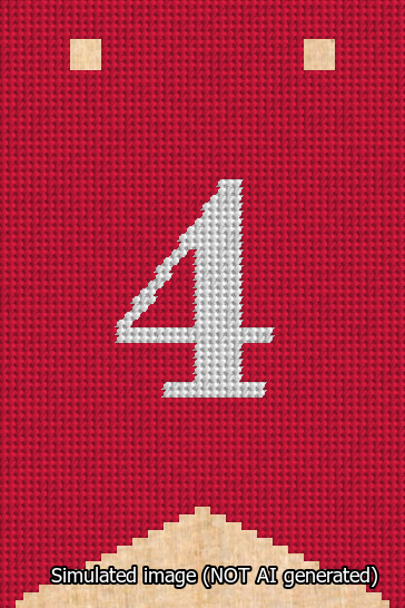 A simulated image of the stitched needlepoint design: Banner 13m Forked 4 White on Red. Not A.I. generated.