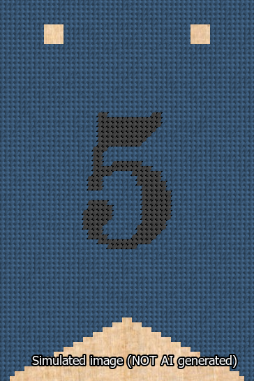 A simulated image of the stitched needlepoint design: Banner 13m Forked 5 Black on Blue. Not A.I. generated.