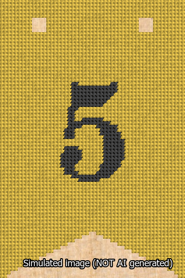 A simulated image of the stitched needlepoint design: Banner 13m Forked 5 Black on Yellow. Not A.I. generated.