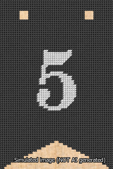 A simulated image of the stitched needlepoint design: Banner 13m Forked 5 White on Black. Not A.I. generated.