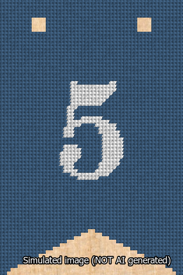 A simulated image of the stitched needlepoint design: Banner 13m Forked 5 White on Blue. Not A.I. generated.