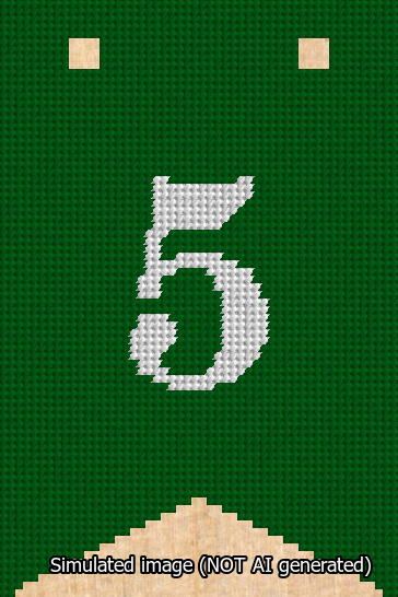 A simulated image of the stitched needlepoint design: Banner 13m Forked 5 White on Green. Not A.I. generated.