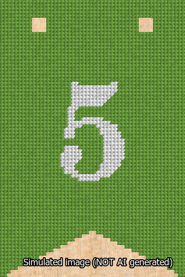 A simulated image of the stitched needlepoint design: Banner 13m Forked 5 White on Light Green. Not A.I. generated.