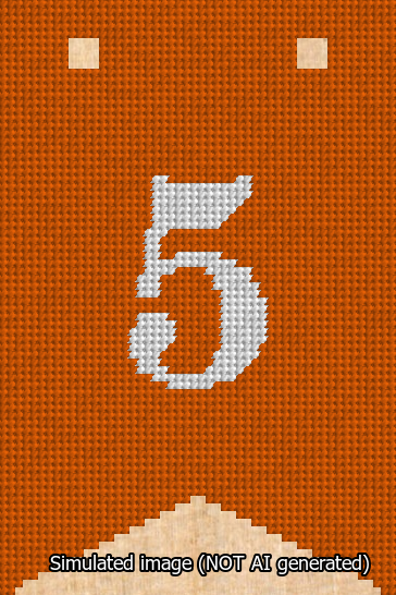 A simulated image of the stitched needlepoint design: Banner 13m Forked 5 White on Orange. Not A.I. generated.
