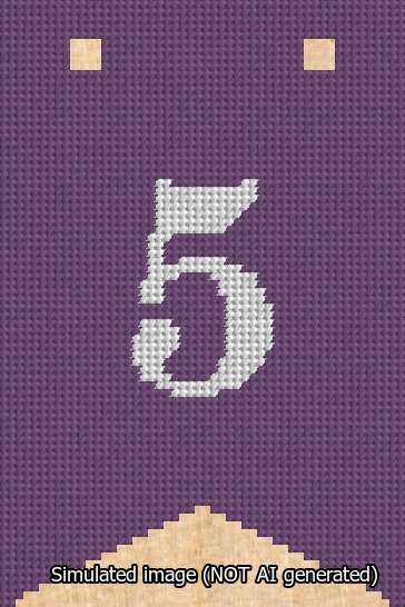 A simulated image of the stitched needlepoint design: Banner 13m Forked 5 White on Purple. Not A.I. generated.