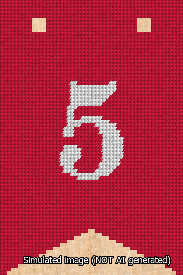 A simulated image of the stitched needlepoint design: Banner 13m Forked 5 White on Red. Not A.I. generated.