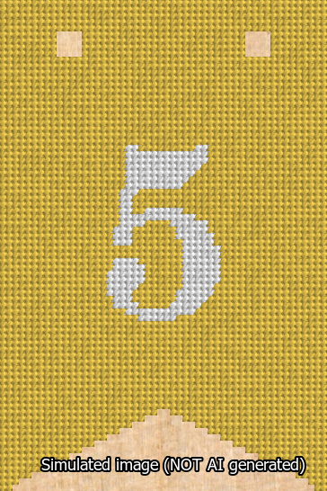 A simulated image of the stitched needlepoint design: Banner 13m Forked 5 White on Yellow. Not A.I. generated.