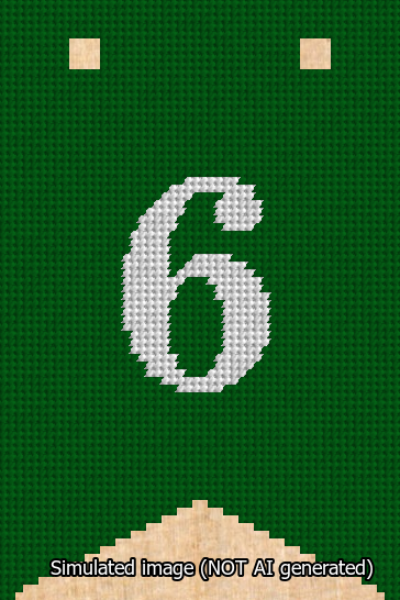 A simulated image of the stitched needlepoint design: Banner 13m Forked 6 White on Green. Not A.I. generated.