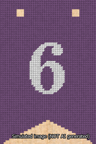 A simulated image of the stitched needlepoint design: Banner 13m Forked 6 White on Purple. Not A.I. generated.