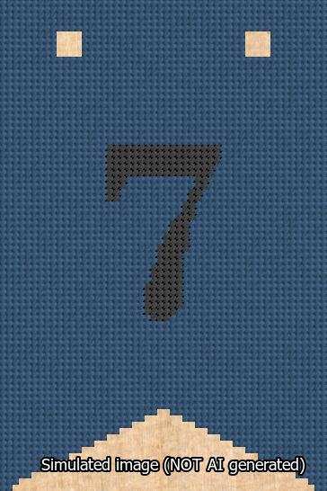 A simulated image of the stitched needlepoint design: Banner 13m Forked 7 Black on Blue. Not A.I. generated.