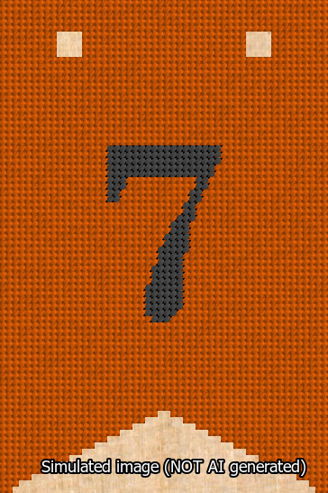 A simulated image of the stitched needlepoint design: Banner 13m Forked 7 Black on Orange. Not A.I. generated.