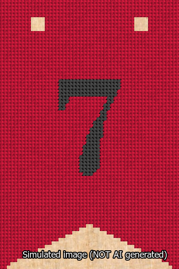 A simulated image of the stitched needlepoint design: Banner 13m Forked 7 Black on Red. Not A.I. generated.