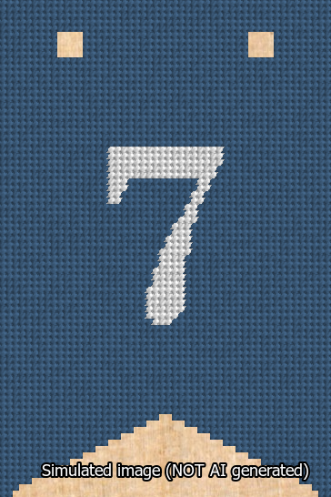 A simulated image of the stitched needlepoint design: Banner 13m Forked 7 White on Blue. Not A.I. generated.
