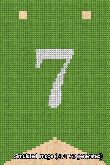 A simulated image of the stitched needlepoint design: Banner 13m Forked 7 White on Light Green. Not A.I. generated.