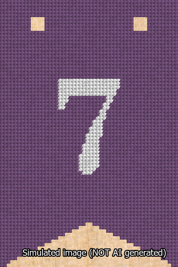 A simulated image of the stitched needlepoint design: Banner 13m Forked 7 White on Purple. Not A.I. generated.