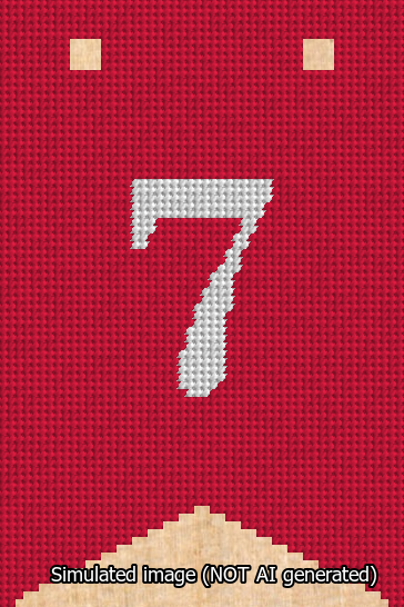 A simulated image of the stitched needlepoint design: Banner 13m Forked 7 White on Red. Not A.I. generated.