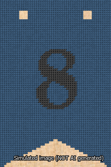 A simulated image of the stitched needlepoint design: Banner 13m Forked 8 Black on Blue. Not A.I. generated.