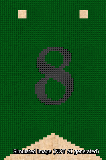 A simulated image of the stitched needlepoint design: Banner 13m Forked 8 Black on Green. Not A.I. generated.
