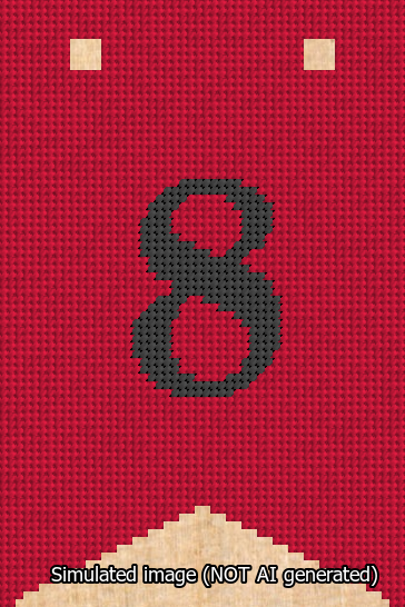 A simulated image of the stitched needlepoint design: Banner 13m Forked 8 Black on Red. Not A.I. generated.