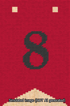 A simulated image of the stitched needlepoint design: Banner 13m Forked 8 Black on Red. Not A.I. generated.
