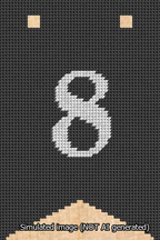 A simulated image of the stitched needlepoint design: Banner 13m Forked 8 White on Black. Not A.I. generated.