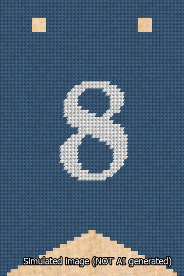 A simulated image of the stitched needlepoint design: Banner 13m Forked 8 White on Blue. Not A.I. generated.