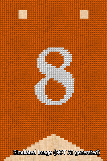 A simulated image of the stitched needlepoint design: Banner 13m Forked 8 White on Orange. Not A.I. generated.