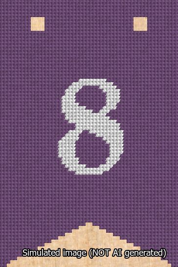 A simulated image of the stitched needlepoint design: Banner 13m Forked 8 White on Purple. Not A.I. generated.