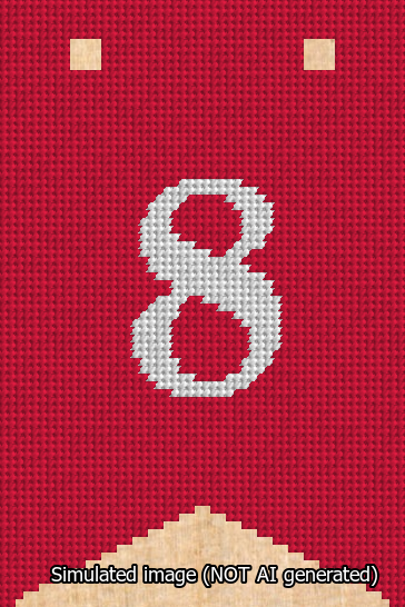 A simulated image of the stitched needlepoint design: Banner 13m Forked 8 White on Red. Not A.I. generated.