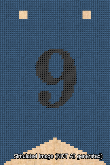 A simulated image of the stitched needlepoint design: Banner 13m Forked 9 Black on Blue. Not A.I. generated.