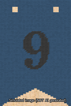 A simulated image of the stitched needlepoint design: Banner 13m Forked 9 Black on Blue. Not A.I. generated.
