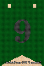 A simulated image of the stitched needlepoint design: Banner 13m Forked 9 Black on Green. Not A.I. generated.