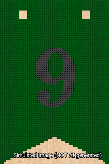 A simulated image of the stitched needlepoint design: Banner 13m Forked 9 Black on Green. Not A.I. generated.
