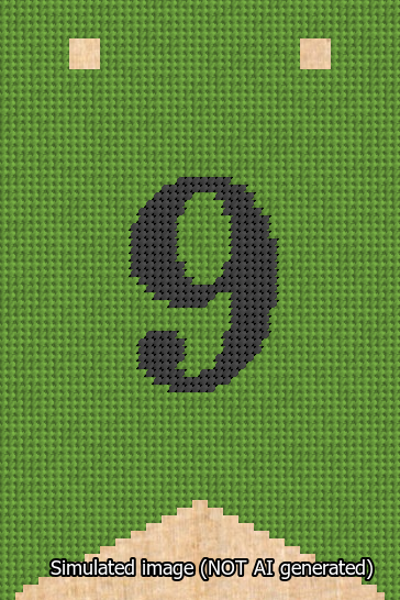 A simulated image of the stitched needlepoint design: Banner 13m Forked 9 Black on Light Green. Not A.I. generated.