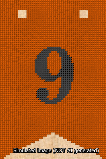 A simulated image of the stitched needlepoint design: Banner 13m Forked 9 Black on Orange. Not A.I. generated.