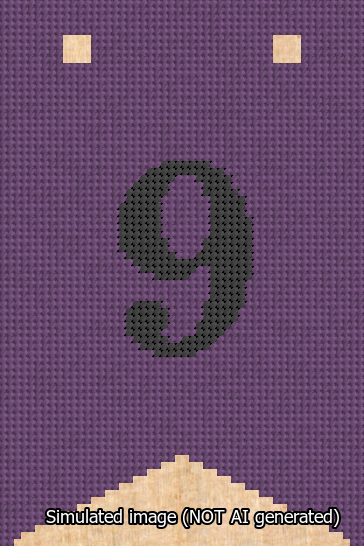 A simulated image of the stitched needlepoint design: Banner 13m Forked 9 Black on Purple. Not A.I. generated.