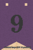 A simulated image of the stitched needlepoint design: Banner 13m Forked 9 Black on Purple. Not A.I. generated.