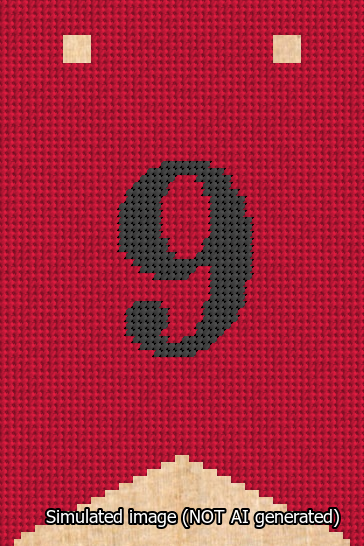 A simulated image of the stitched needlepoint design: Banner 13m Forked 9 Black on Red. Not A.I. generated.