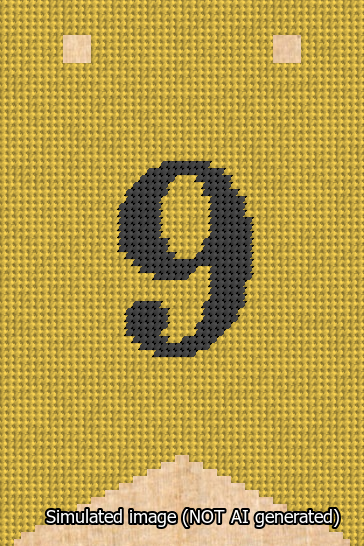 A simulated image of the stitched needlepoint design: Banner 13m Forked 9 Black on Yellow. Not A.I. generated.
