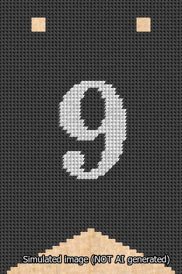 A simulated image of the stitched needlepoint design: Banner 13m Forked 9 White on Black. Not A.I. generated.