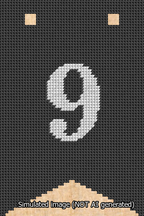 A simulated image of the stitched needlepoint design: Banner 13m Forked 9 White on Black. Not A.I. generated.