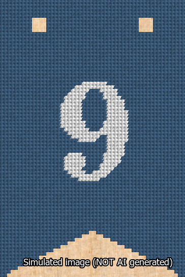 A simulated image of the stitched needlepoint design: Banner 13m Forked 9 White on Blue. Not A.I. generated.
