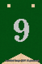 A simulated image of the stitched needlepoint design: Banner 13m Forked 9 White on Green. Not A.I. generated.