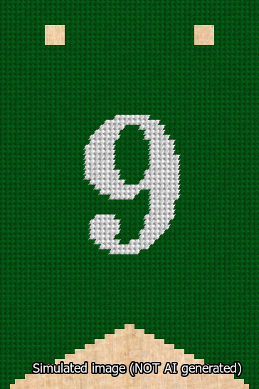 A simulated image of the stitched needlepoint design: Banner 13m Forked 9 White on Green. Not A.I. generated.