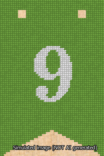 A simulated image of the stitched needlepoint design: Banner 13m Forked 9 White on Light Green. Not A.I. generated.